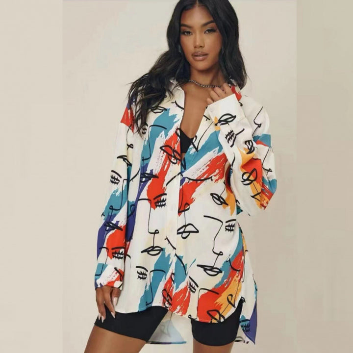 Dame Kunstnerisk Tryk Plus Size Skjorte Stilla