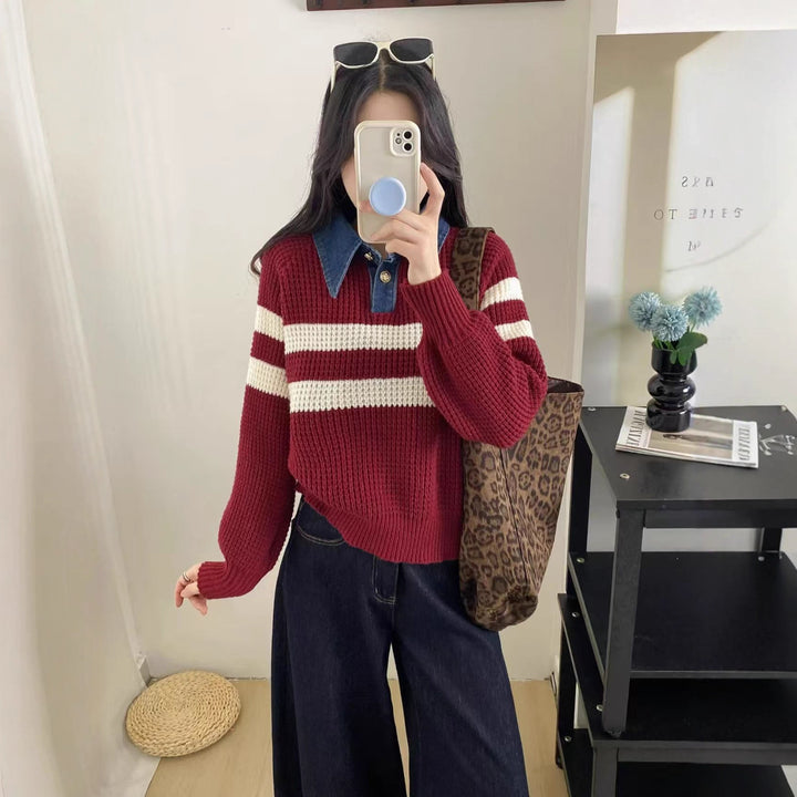 Kvinders afslappede strikket sweater med krave og stribet design Stilla
