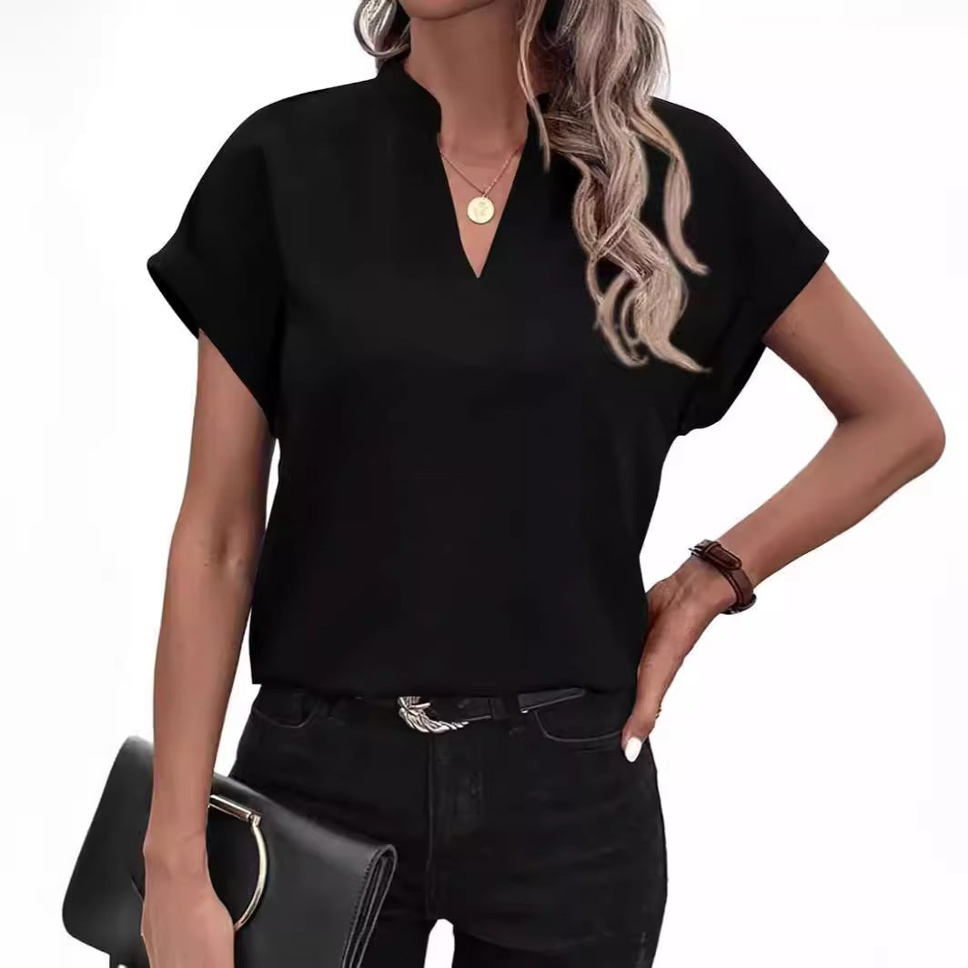 Dame kortærmet bluse med ståkrave og elegant snit Stilla
