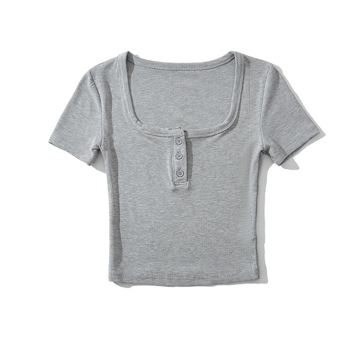 Dame cropped T-shirt med kvadratisk udskæring og knapdetaljer Stilla