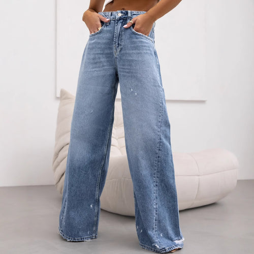 Dame bredde jeans i vintage-stil med høje lommer og trendy brugte effekter Stilla