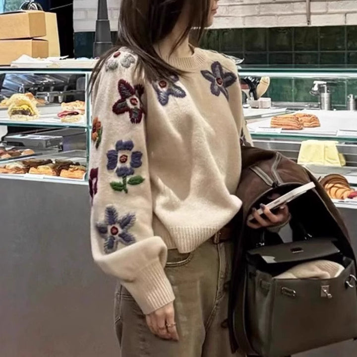 Dame mode sweater med blomster broderi design Stilla
