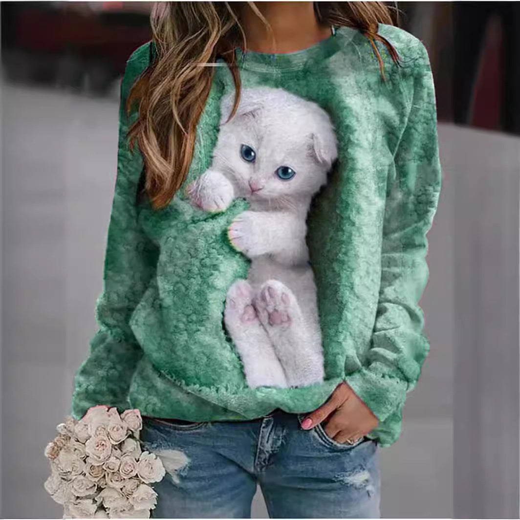 Femme Grafisk Katteprint Sweatshirt Stilla