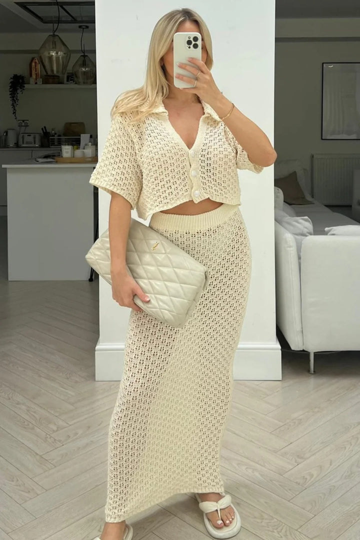 Dame afslappet strik sæt med cropped jakke og omslagsskirt Skovae