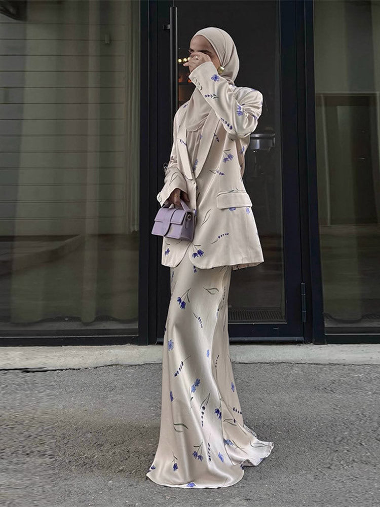 Damer elegant blazer-sæt med blomsterdesign og flydende nederdel Stilla