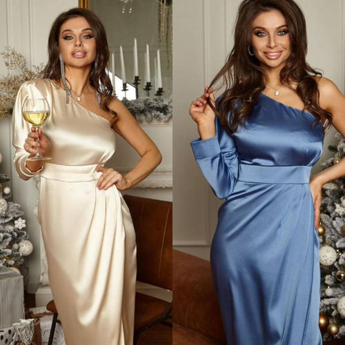 Dame Satin aften kjole med asymmetrisk udskæring og elegant drapering Skovae