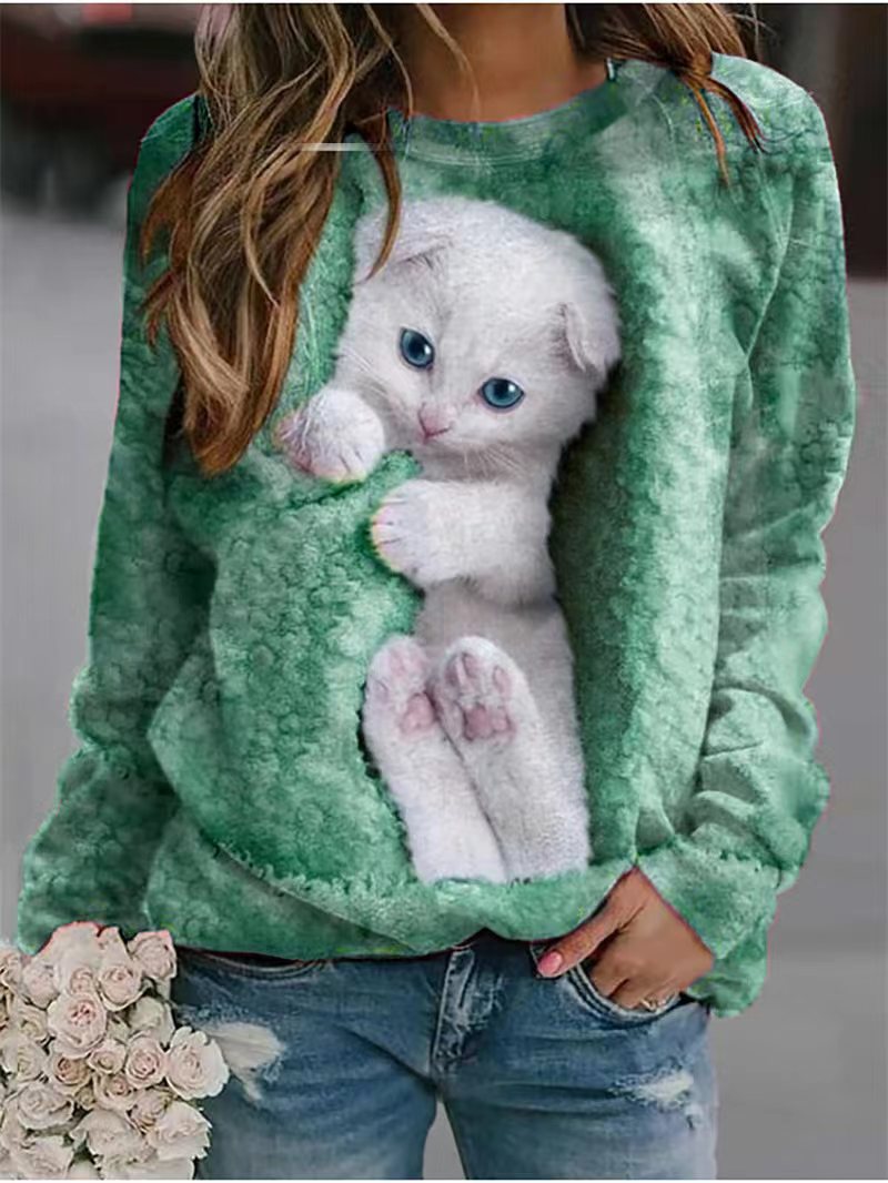 Femme Grafisk Katteprint Sweatshirt Stilla