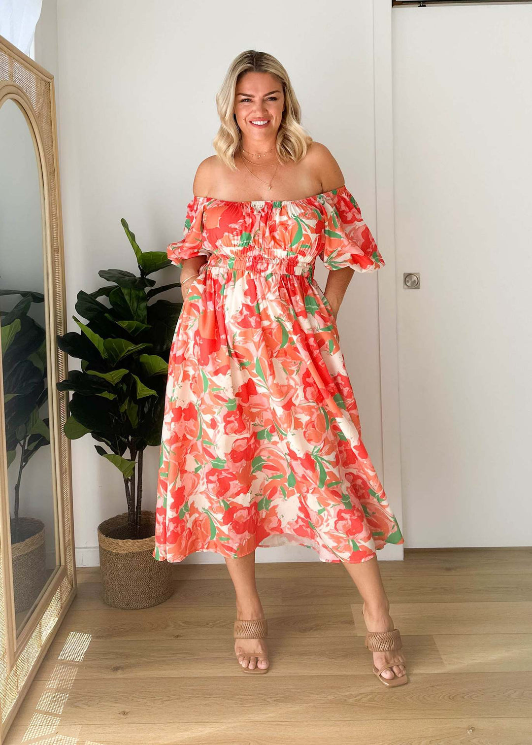 Dame maxi kjoler med bar skulder og blomster mønstre og elastisk bånd Skovae