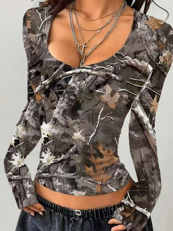 Dame langærmet skjorte i camouflage-design Stilla