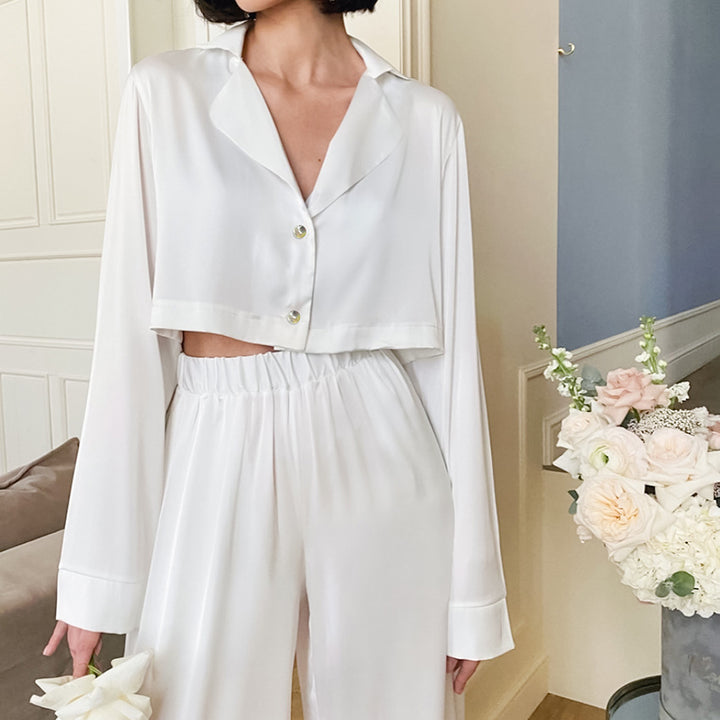 Dame Satin Cropped Bluse og løstsiddende Bukser Kombi Sæt Stilla