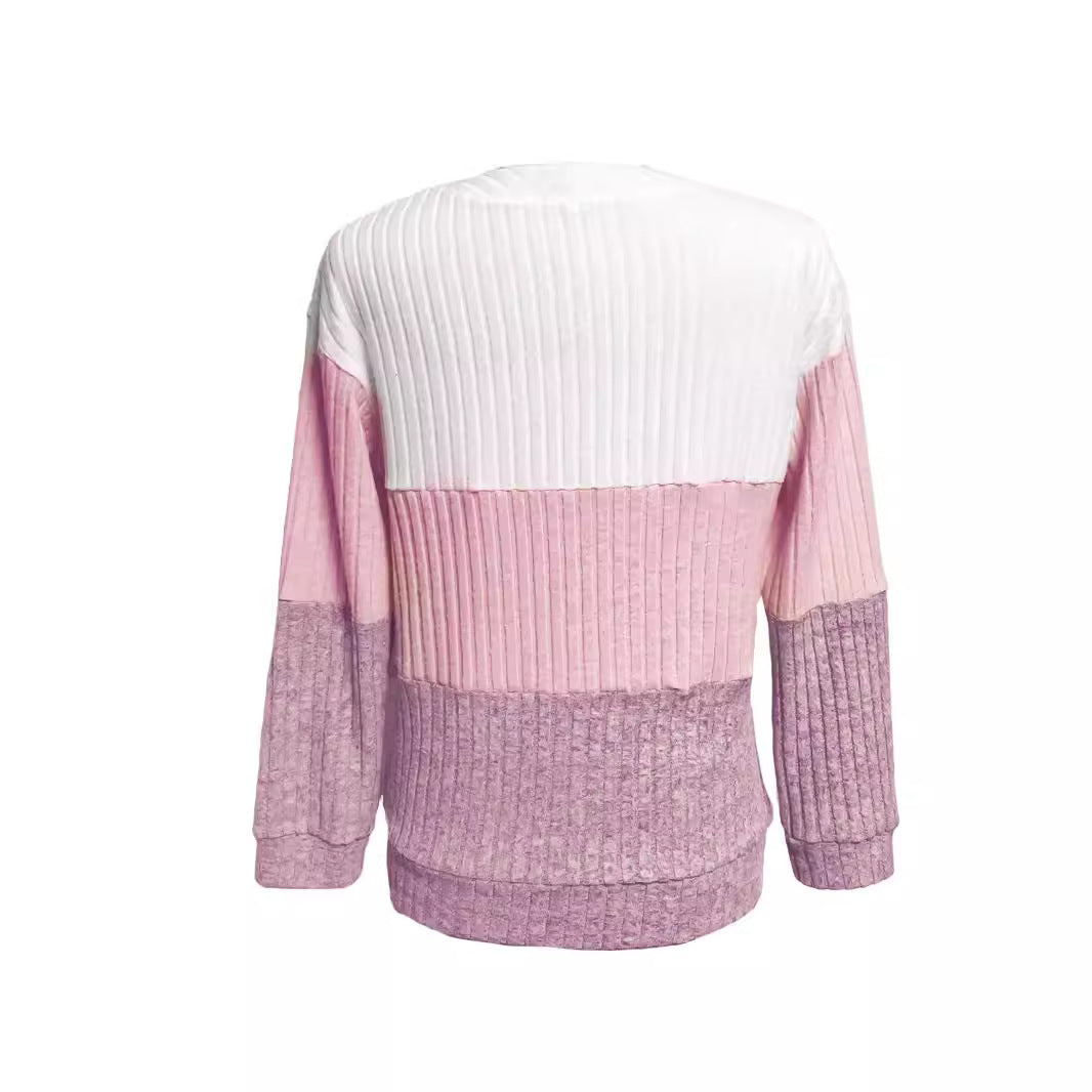 Dame nan ribbet lang pullover med ring lynlås og farveblok struktur Skovae