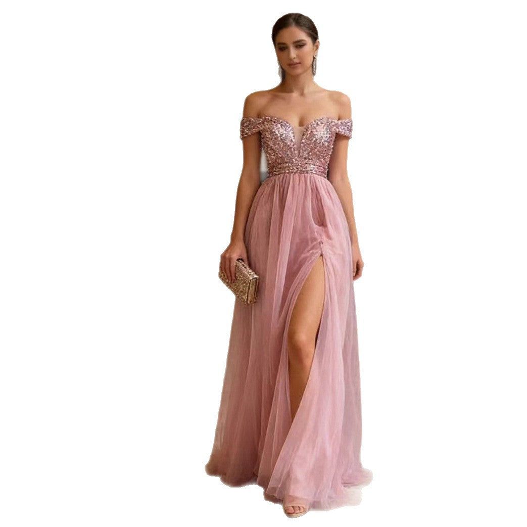 Ladies Elegant Evening Dress with Strapless Design and Sparkling Appliqués