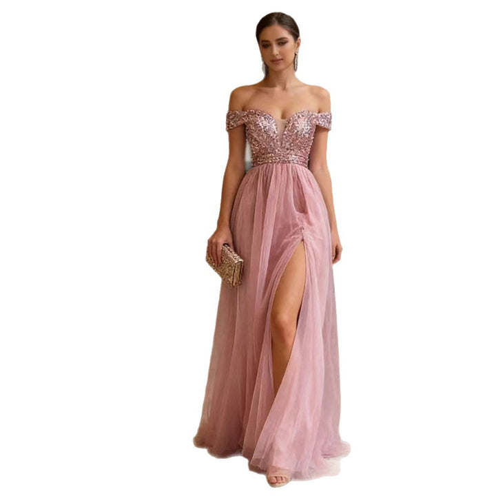 Ladies Elegant Evening Dress with Strapless Design and Sparkling Appliqués