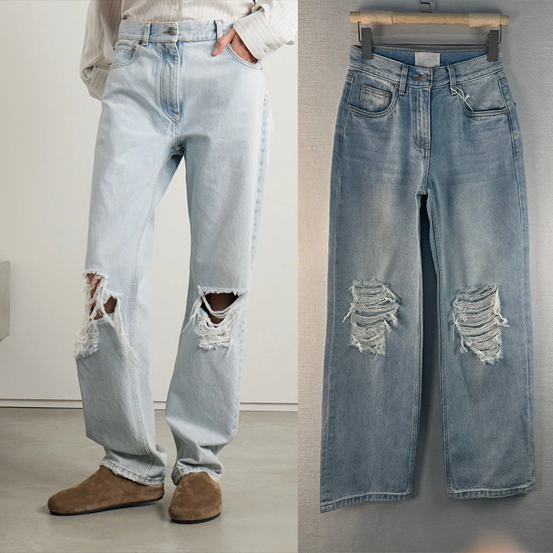 Dame Destroyed Jeans med bred ben og høj talje Stilla