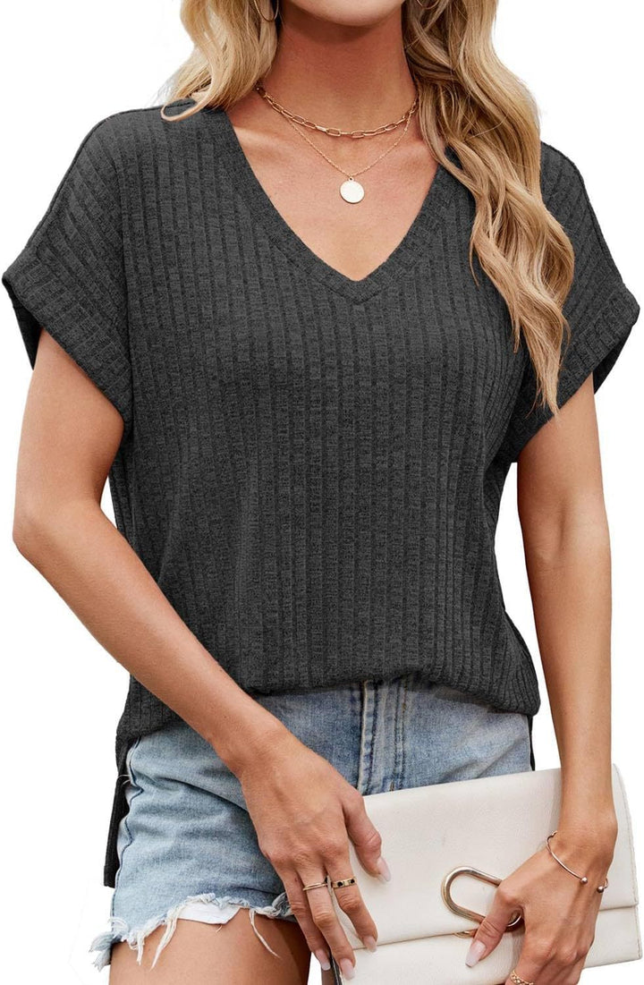 Dame afslappet V-hals T-shirt med struktureret stof Stilla