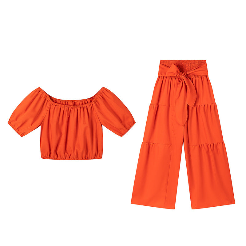 Dame stilfuld off-shoulder crop top og bred bukser sæt Stilla