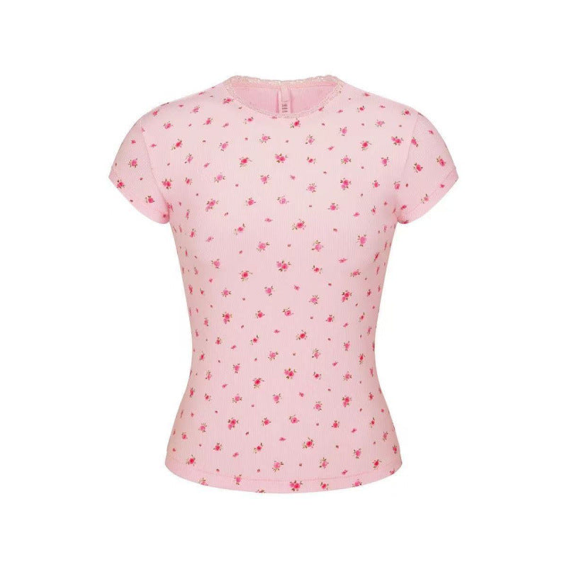 Dame T-shirt med blomstermønster og ribstruktur Stilla