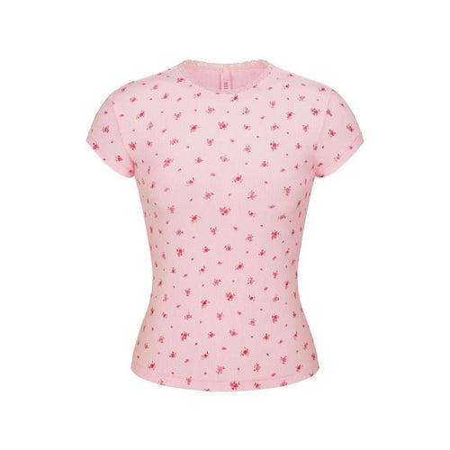 Dame T-shirt med blomstermønster og ribstruktur Stilla