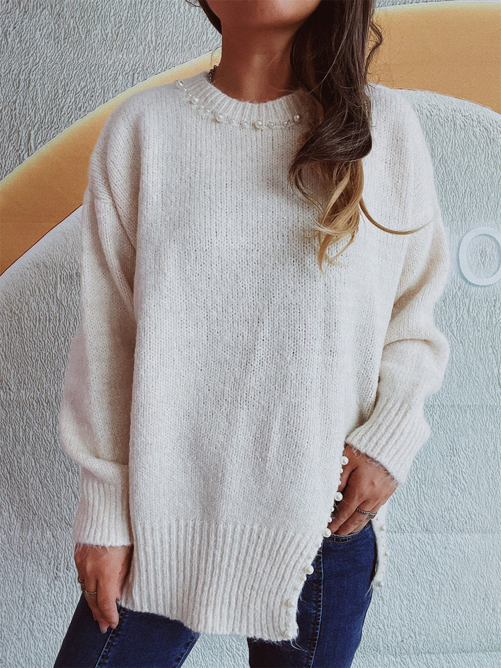Dame hyggesweater med delikat perledekorering Stilla