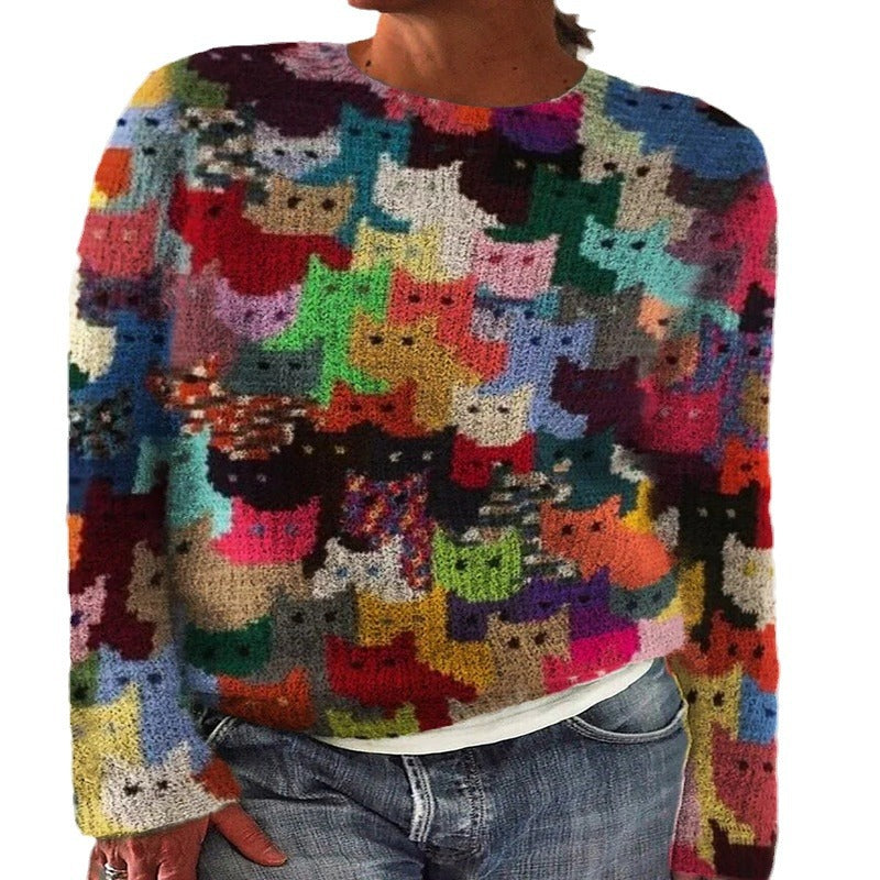 Kvindernes strikkede sweater med legende kattemønster Stilla