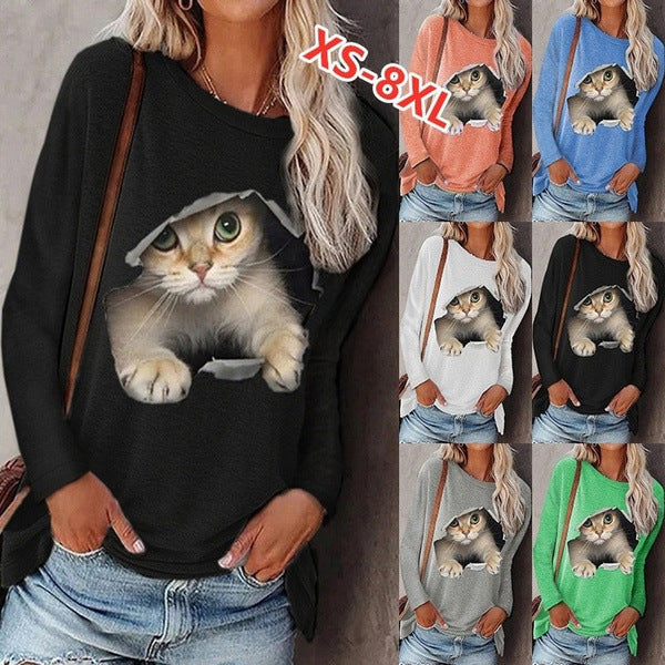 Dame afslappet sweatshirt med unikt kattemotiv og vid udskæring Stilla
