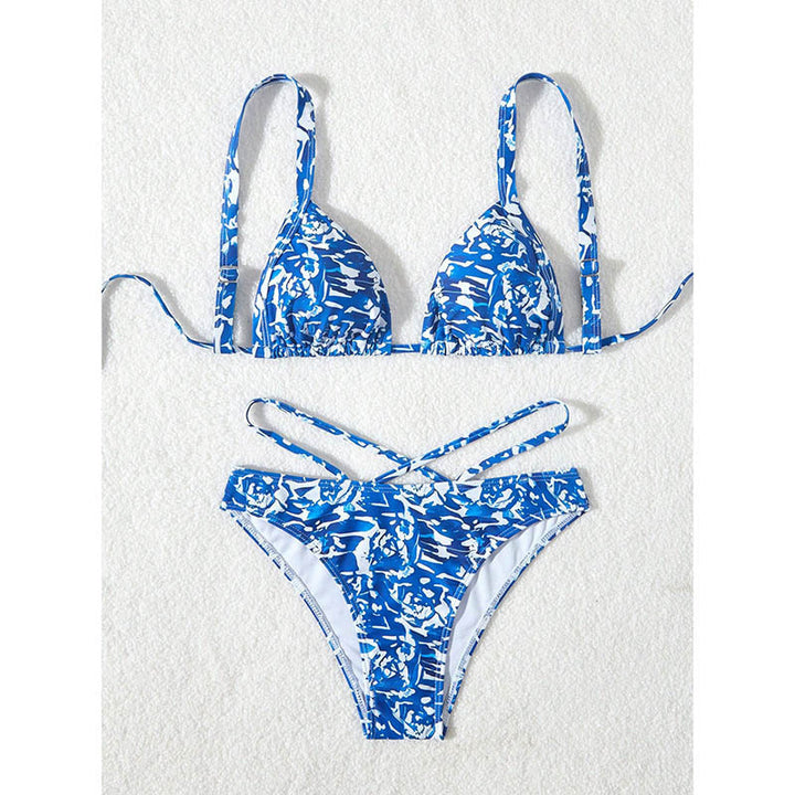 Dame triangel-bikini med kreativt blomstertryk og justerbare snørredetaljer Skovae
