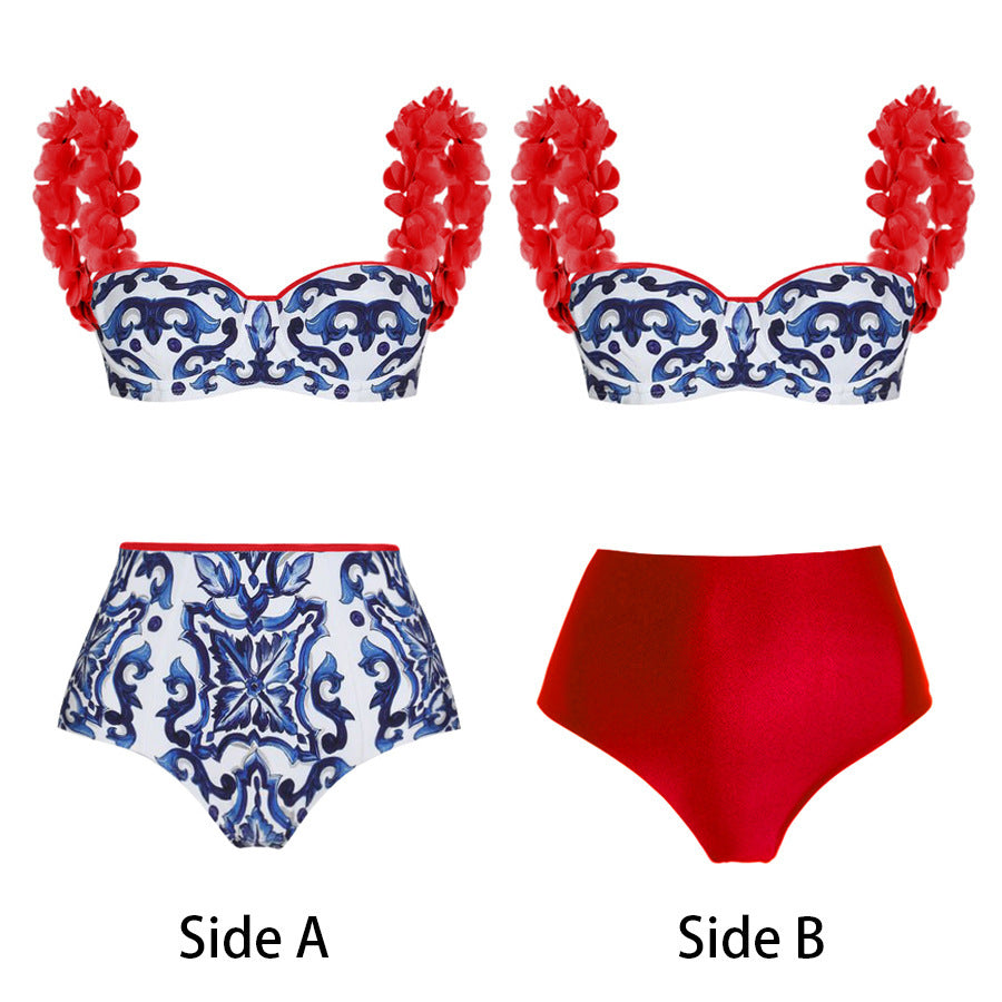 Dame badetøjssæt med blomsterprint og elegante flæsedetaljer Skovae