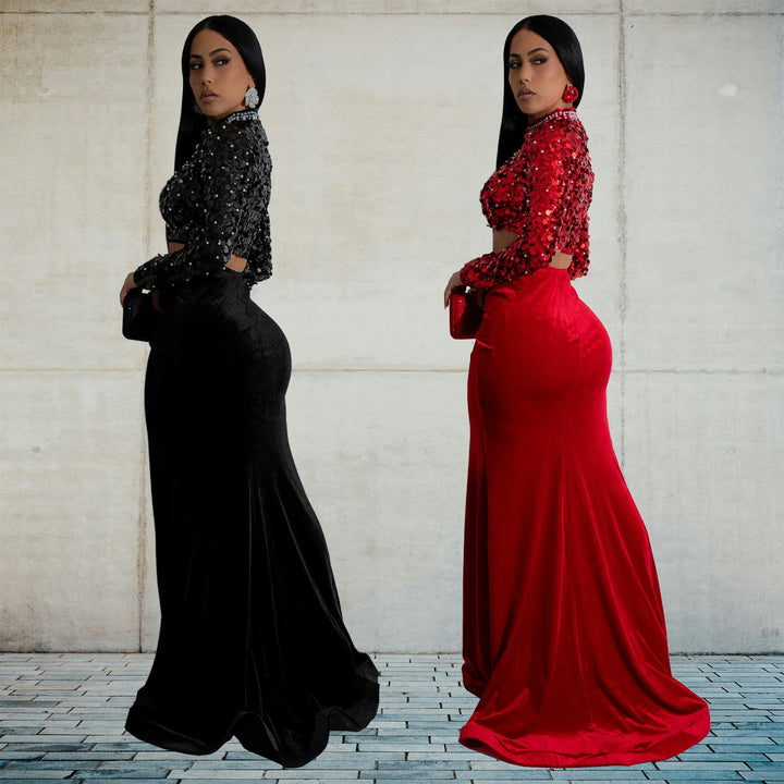 Dame Glitrende Crop-Top med lange ærmer og elegant Maxi-nederdel Kombination Stilla