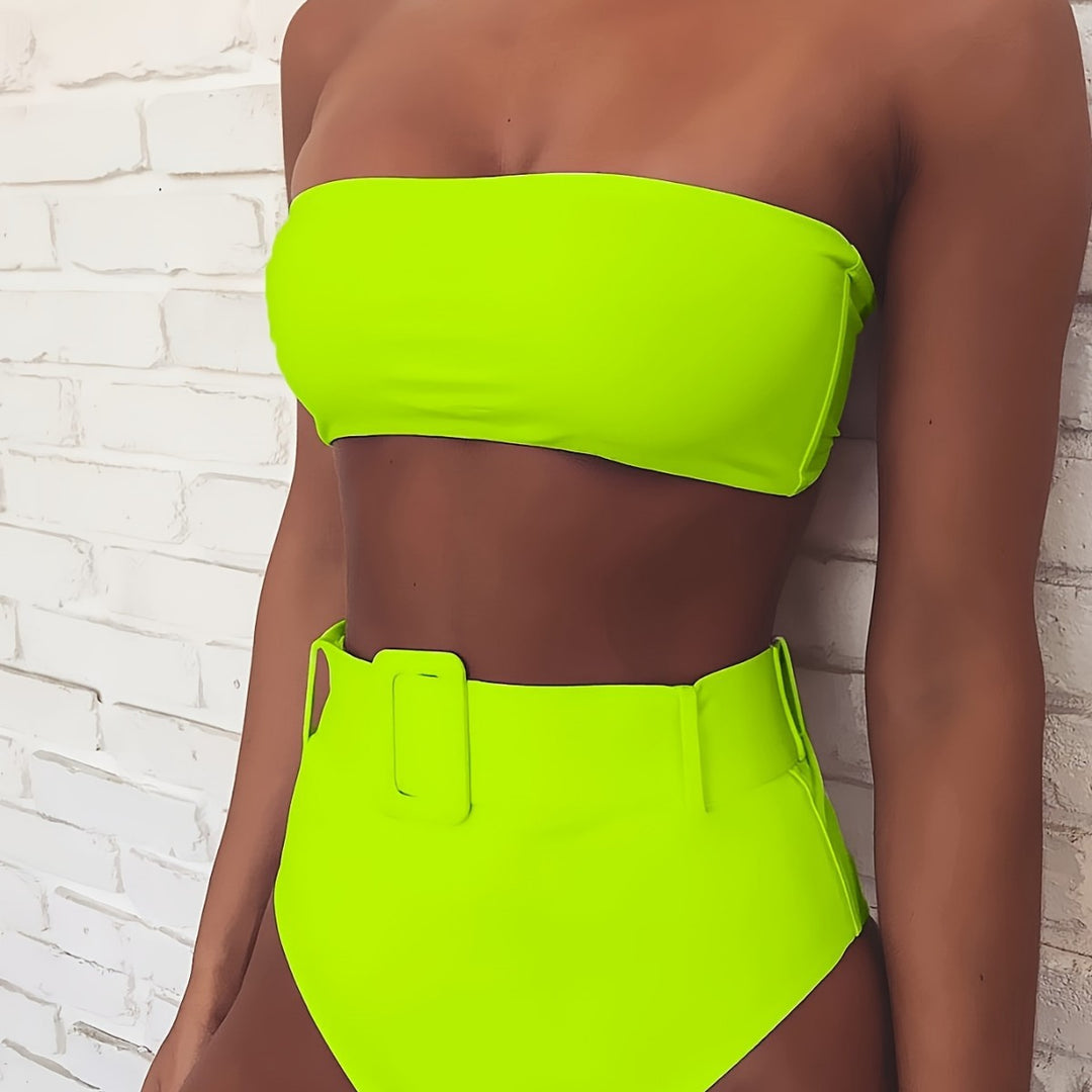 Dame Bandeau-bikini-sæt med højtaljet buks og trendy bælte detalje Skovae