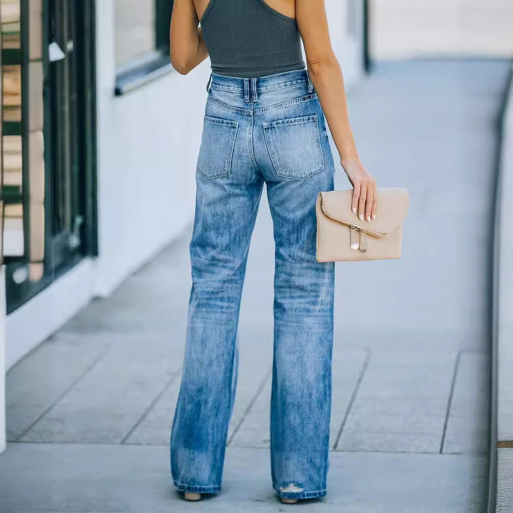 Dame Højtaljede Distressed Jeans i Premium-Relaxed-Fit Stilla
