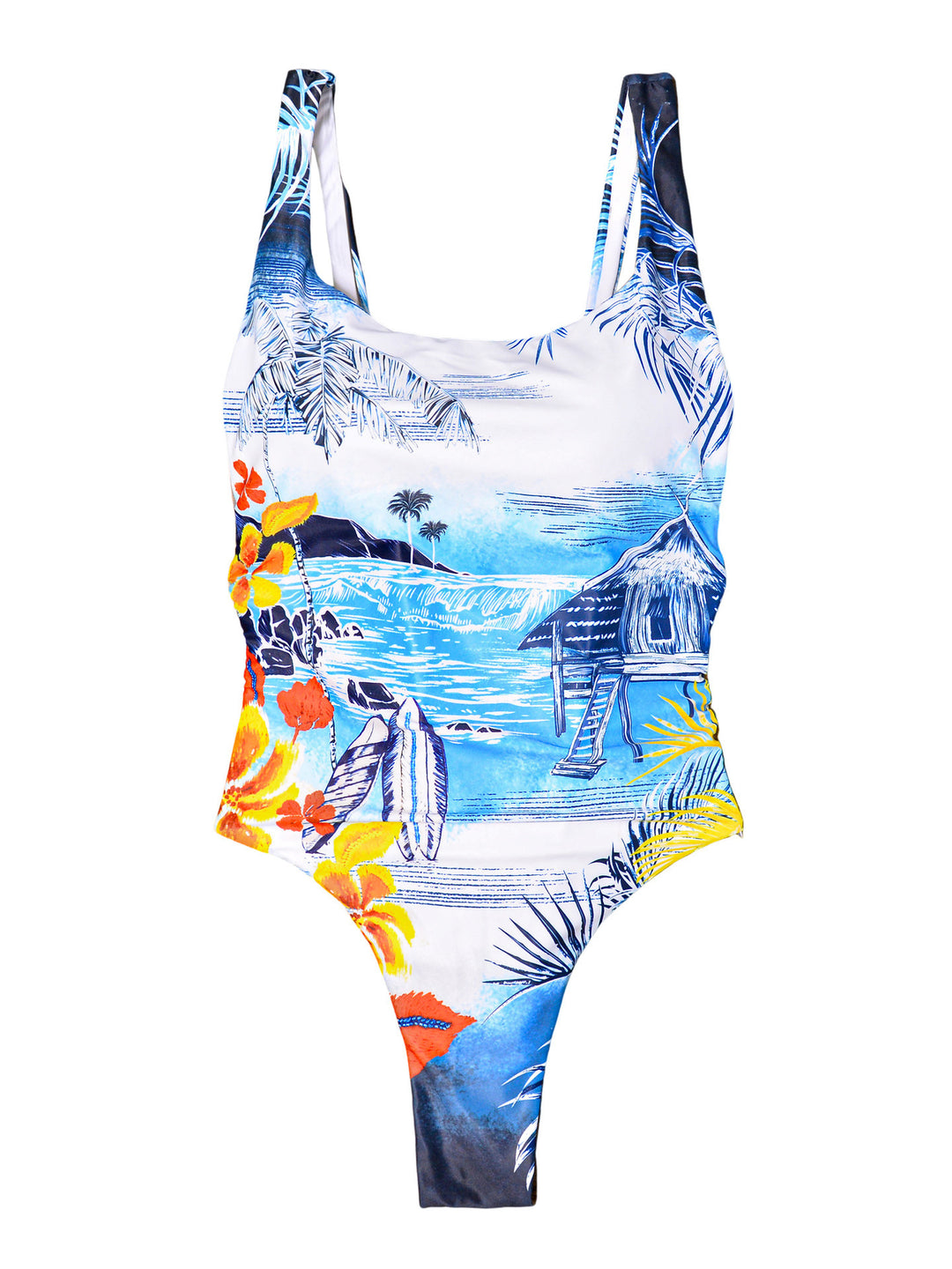 Dame en-delt badedragt med livligt Hawaii-motiv og elegant snit Stilla