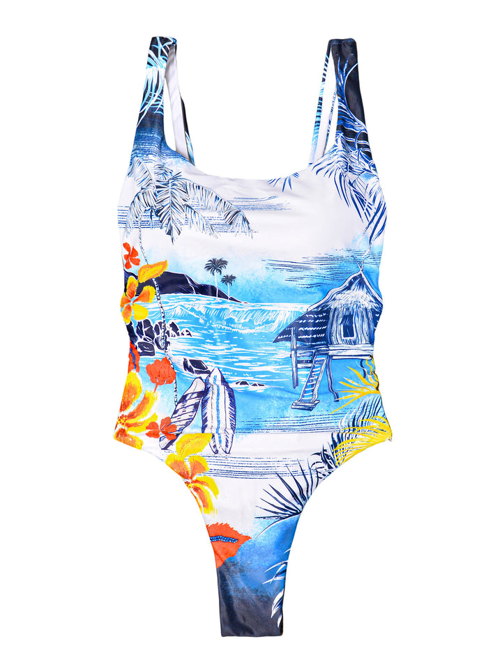 Dame en-delt badedragt med livligt Hawaii-motiv og elegant snit Stilla
