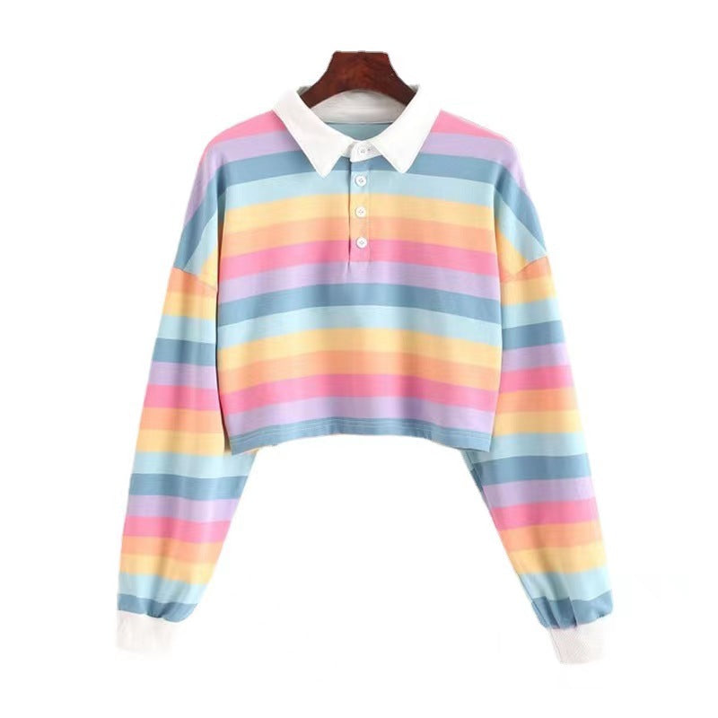 Kvinder Cropped Polo T-shirt med Farverige Striber og Løs Pasform Skovae