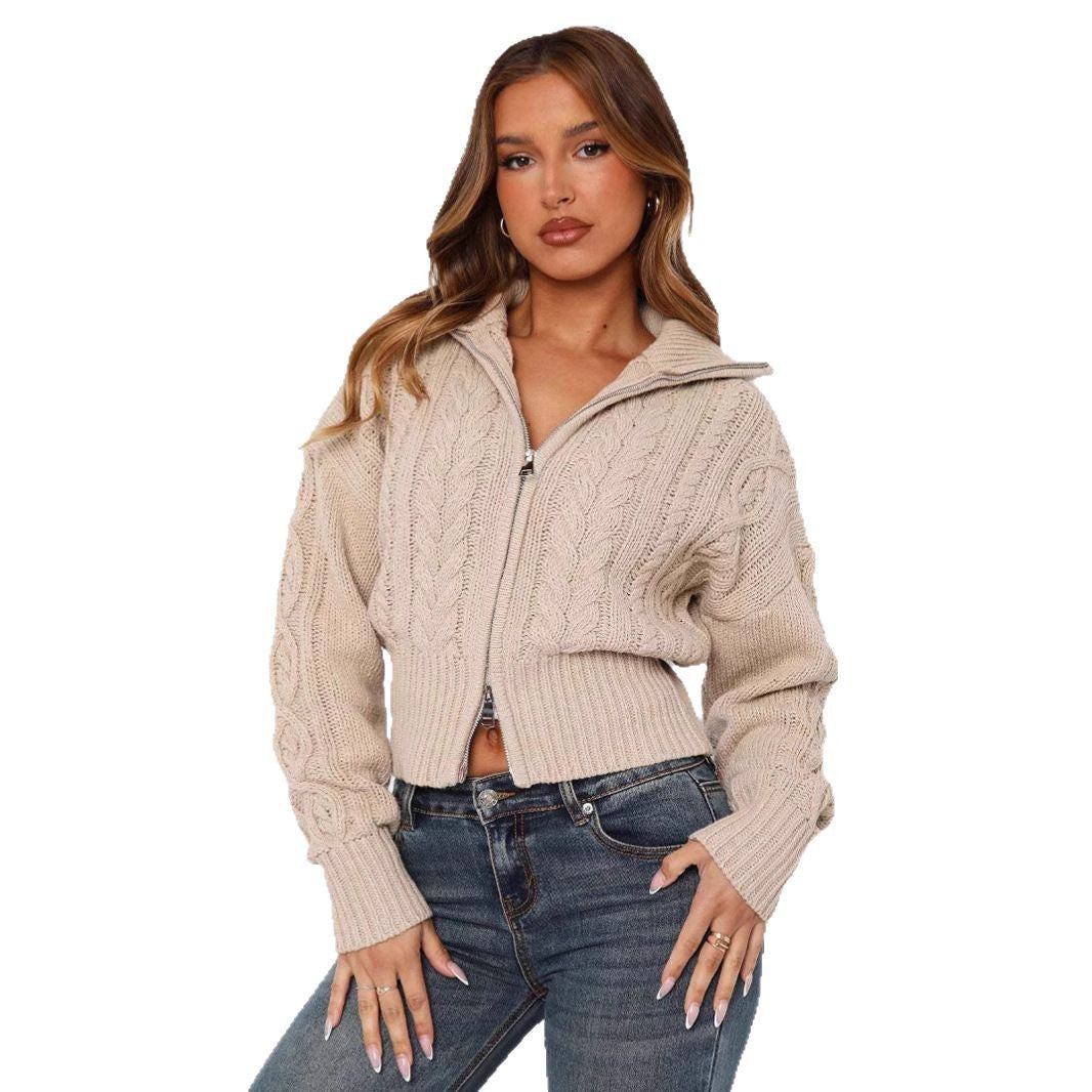 Kvinders fashionable kort strikket cardigan med kabelmønster og lynlås Stilla