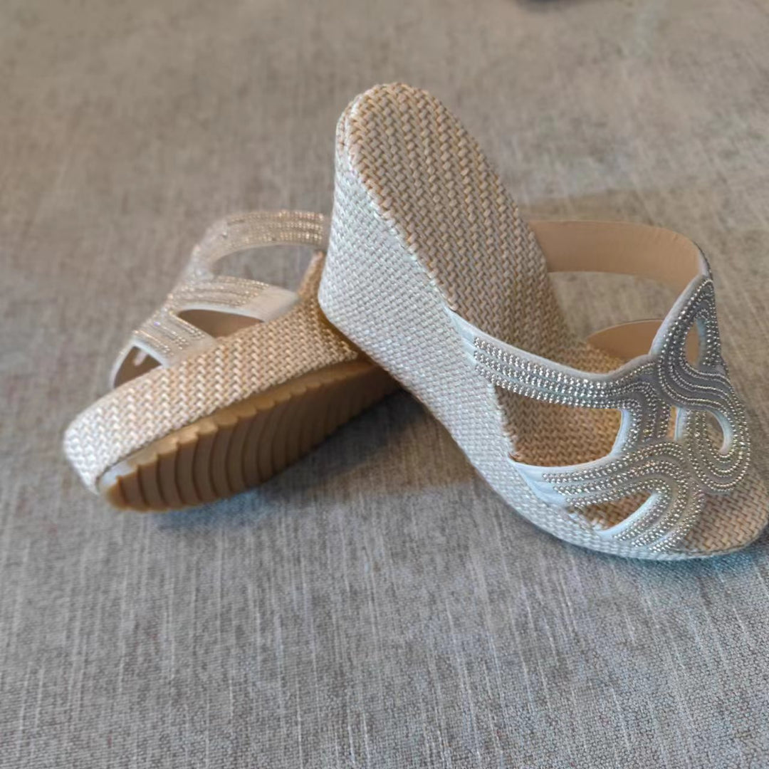 Dame Wedge Sandaler med glitrende pyntedesign og højkvalitets Rattan-sål Stilla