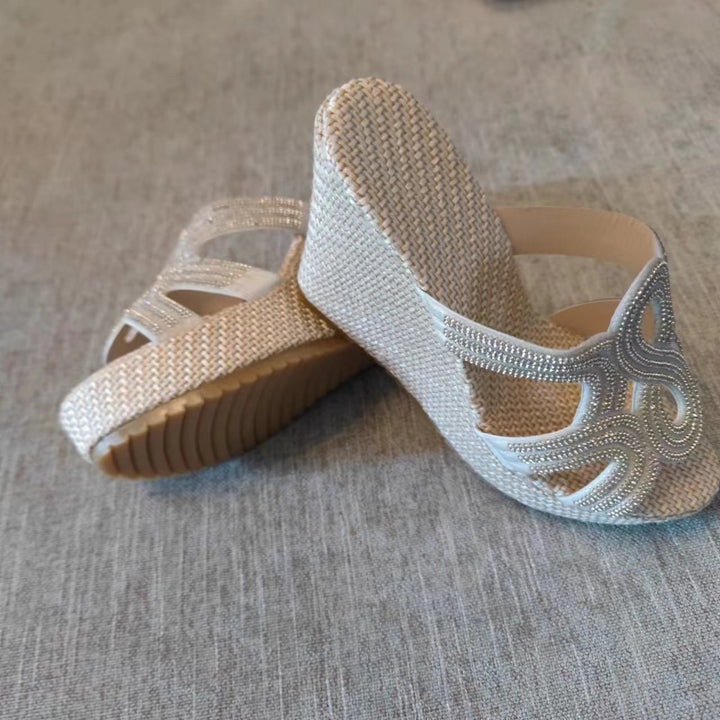 Dame Wedge Sandaler med glitrende pyntedesign og højkvalitets Rattan-sål Stilla