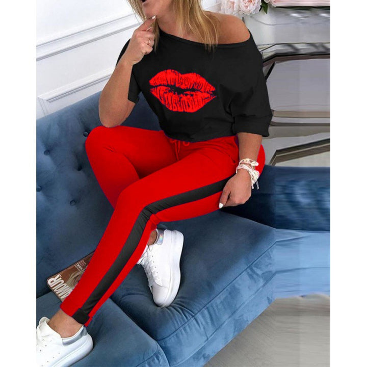 Dame Mode Sweatshirt med Læbe Motiv og Sporty Leggings Stilla