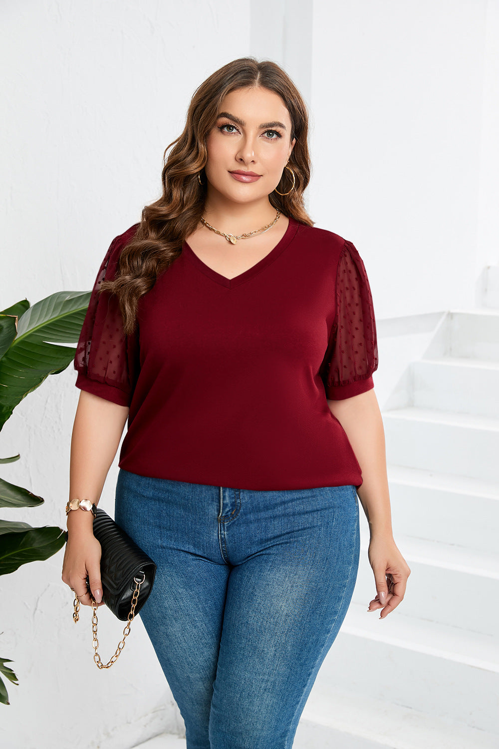 Damer elegant bluse skjorte med gennemsigtige puffærmer og V-hals Skovae