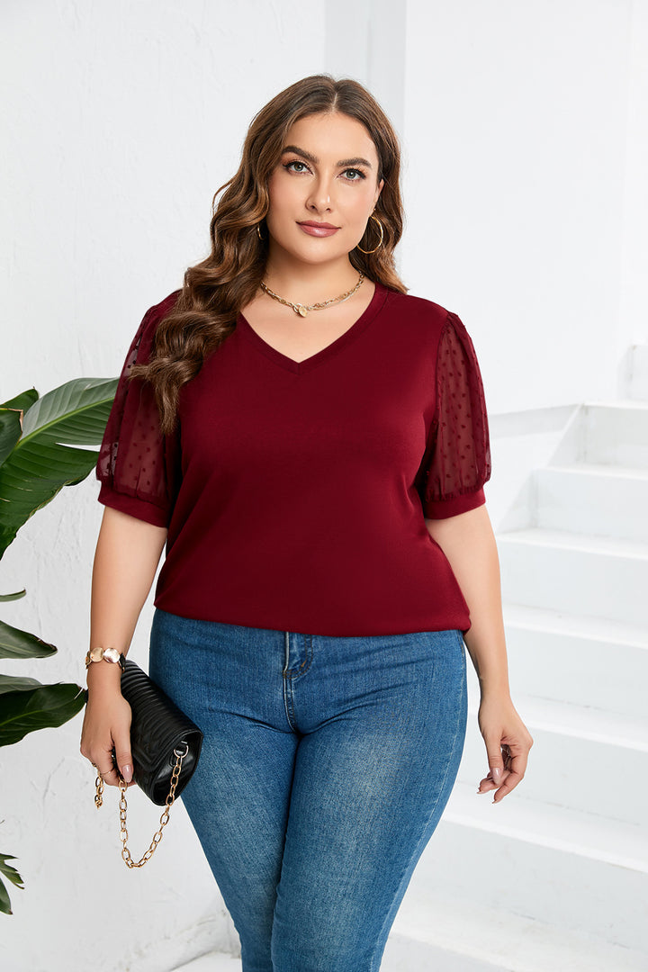 Damer elegant bluse skjorte med gennemsigtige puffærmer og V-hals Skovae