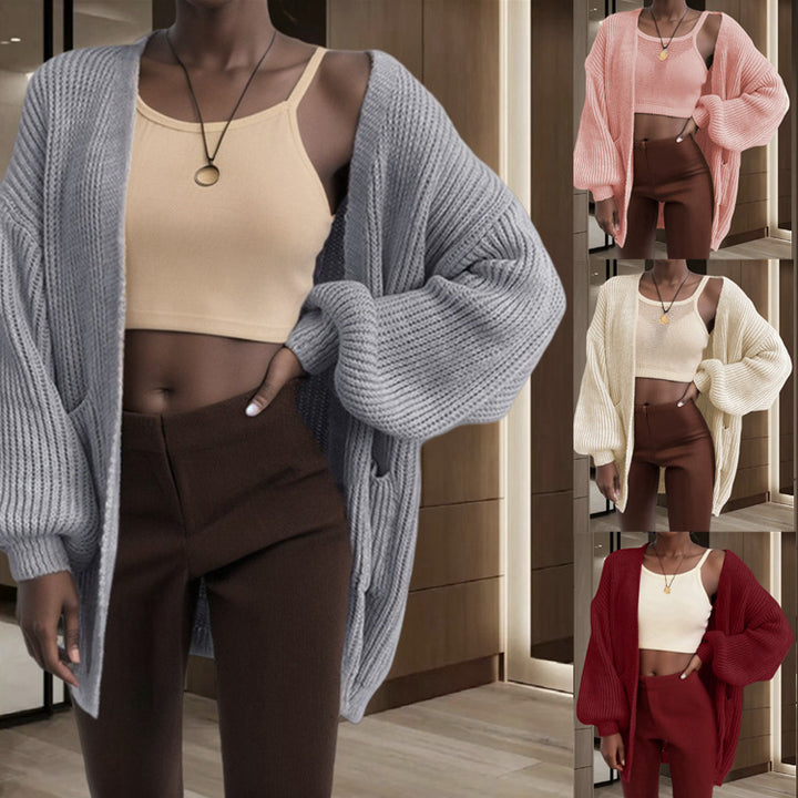 Dame chunky strikket cardigan med voluminøse ærmer og praktiske lommer Stilla