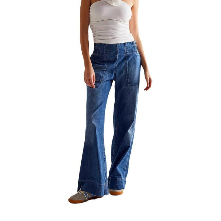 Dame bred denim-stretchbukser med høje lommer og elastisk talje Stilla