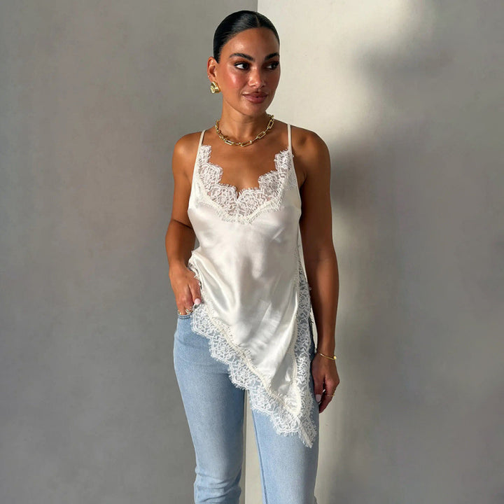 Damen Satin Top mit Spitzenverzierungen Skovae