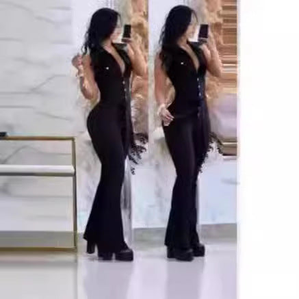 Dame Elegant Flared Jumpsuit med Knapdetaljer Skovae