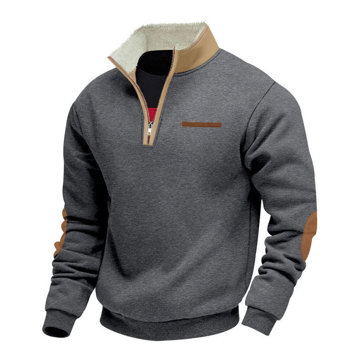 Herre nan halvzip-troyer med teddyfleece-krave og læder-albue-patches Skovae