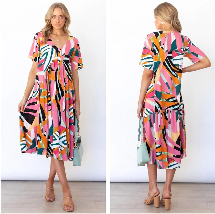 Femme Plisseret Midi Kjole med Farverig Geometrisk Print Stilla