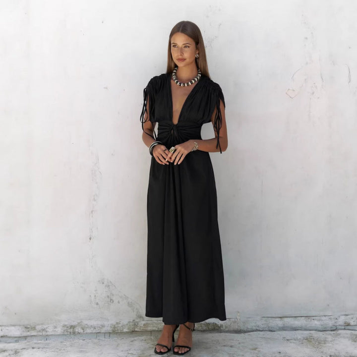 Dame elegant Maxi Kjole med raffineret indpakningsdesign og dyb V-hals Skovae