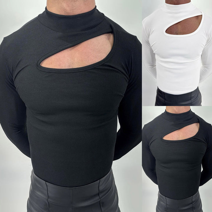 Dame med en tætsiddende langærmet top lavet af fin rib jersey med asymmetrisk skulderudskæring og høj krave Skovae