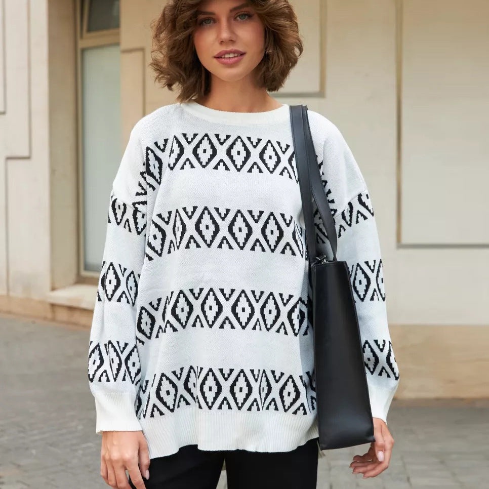 Dame afslappet strikpullover med geometrisk mønster Stilla