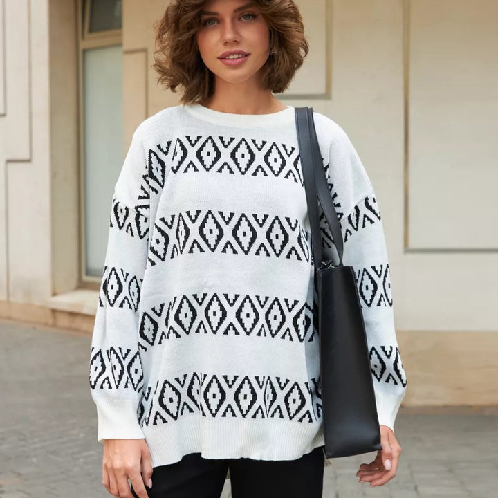 Dame afslappet strikpullover med geometrisk mønster Stilla