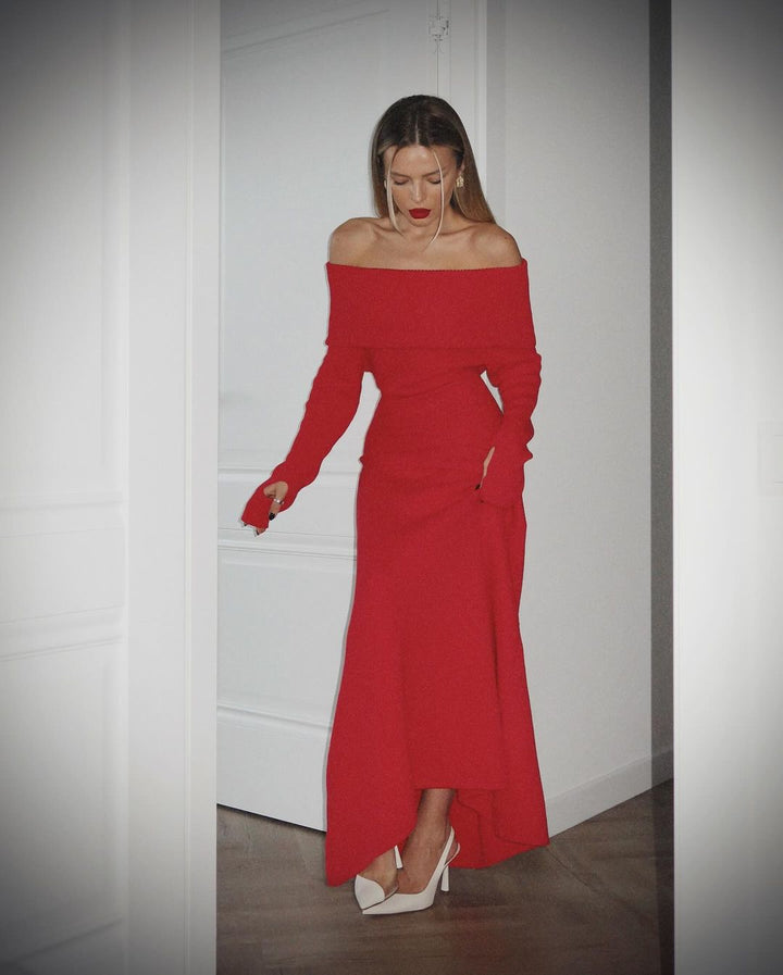 Dame Off-Shoulder Strikkjole med lang længde og bred kant Stilla